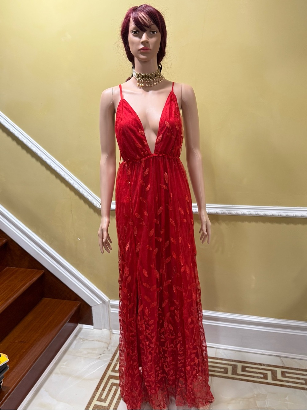 Red Deep-V Maxi Dress with Sheer Embroidered Overlay